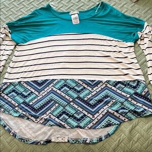 Teal and Navy Patterned Long Sleeve Top